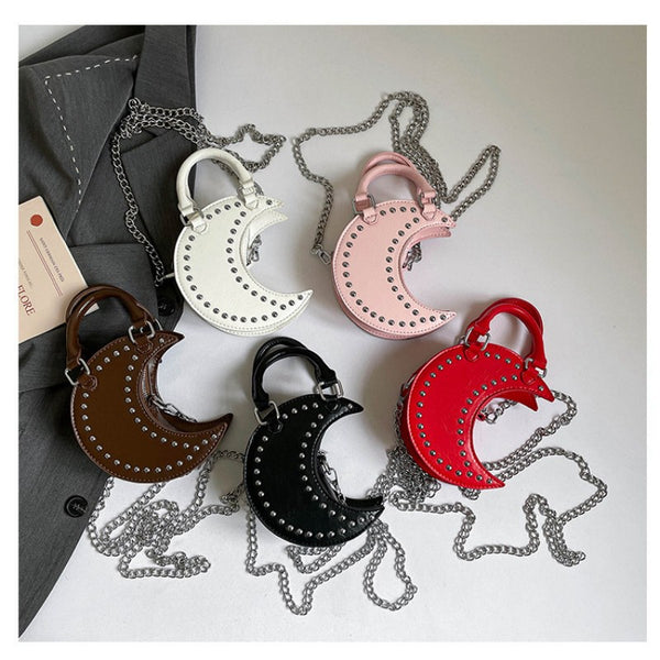 European and American punk style studded moon bag for women, niche design, fashionable chain single-shoulder cute saddle bag