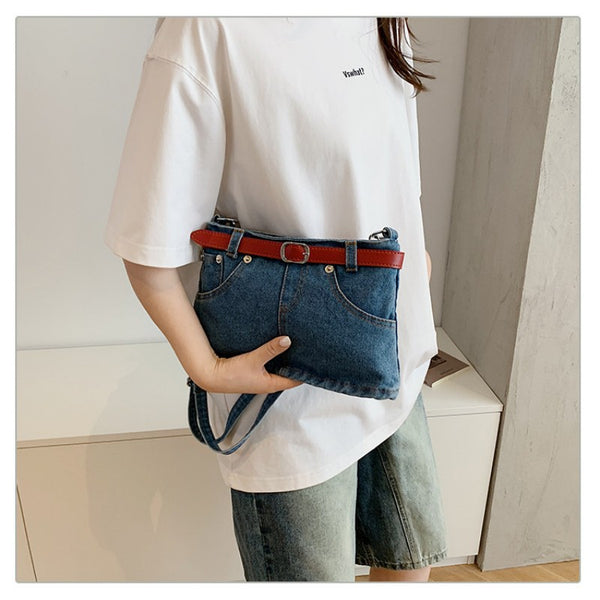 retro denim single-shoulder crossbody bag women's belt decoration creative bag denim skirt bag