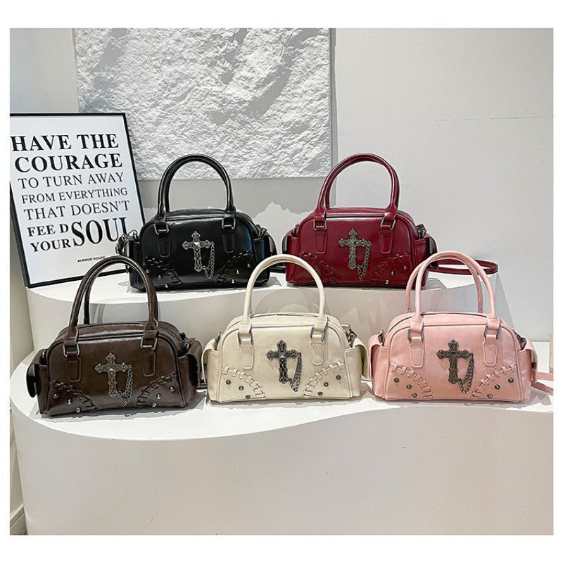 Gothic style cross Boston bag single shoulder斜挎 handbag rivet pillow bag bowling bag Main image