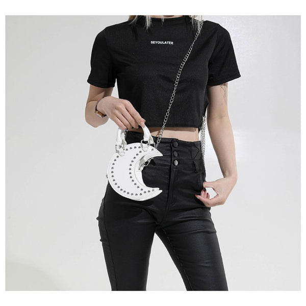 European and American punk style studded moon bag for women, niche design, fashionable chain single-shoulder cute saddle bag