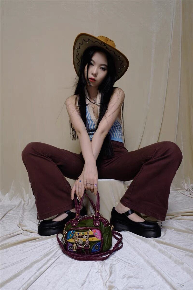 Punk sweet cool girl American retro patchwork clown crossbody handbag