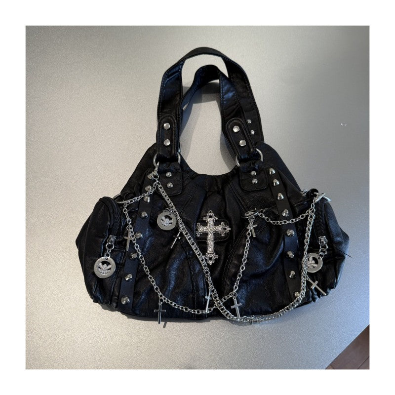 Punk-style chain bag for women, black cross motorcycle bag, niche design versatile tote bag