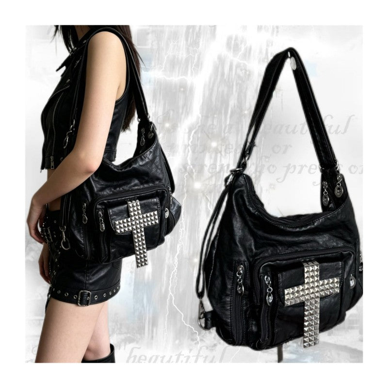 Cross tote bag, black rivet motorcycle bag, spicy girl street commuting single shoulder backpack