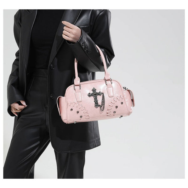Gothic style cross Boston bag single shoulder斜挎 handbag rivet pillow bag bowling bag