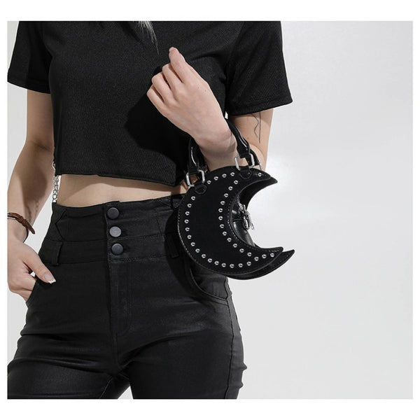 European and American punk style studded moon bag for women, niche design, fashionable chain single-shoulder cute saddle bag