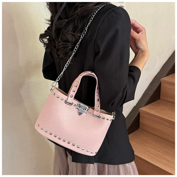 rivet-decorated handbag with female lock clasp chain crossbody bag commuting bag tote bag single-shoulder women's bag