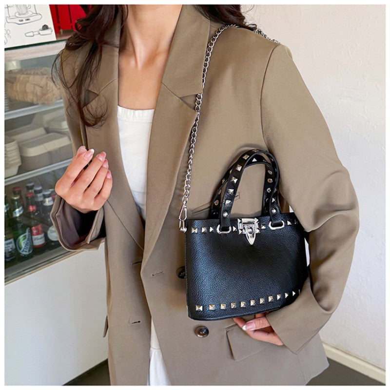 rivet-decorated handbag with female lock clasp chain crossbody bag commuting bag tote bag single-shoulder women's bag