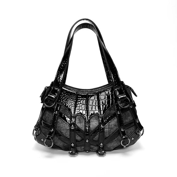 Black Patchwork Studded Punk Crossbody Bag