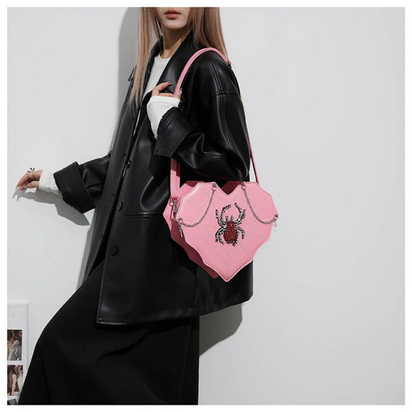 Spicy Girl Motorcycle Bag Chain Cross Pendant Embroidery Single Shoulder Bag Spider Heart Fashion Versatile Crossbody Bag