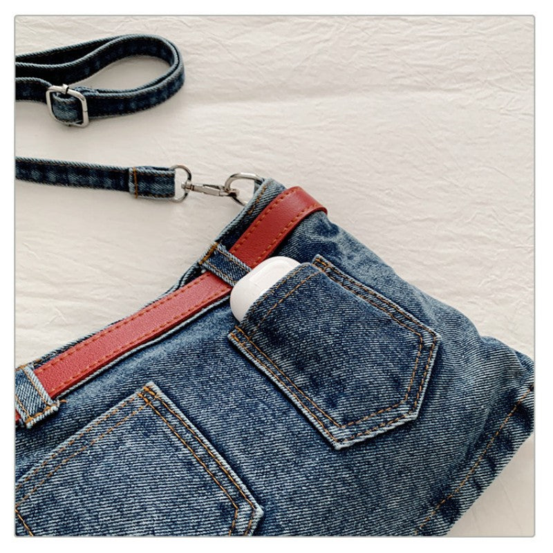 retro denim single-shoulder crossbody bag women's belt decoration creative bag denim skirt bag