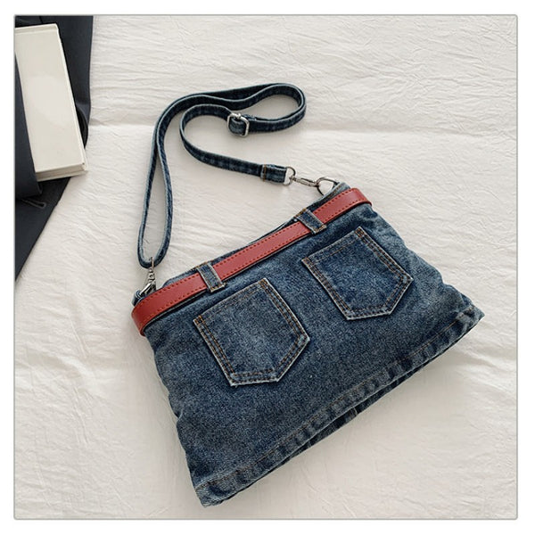 retro denim single-shoulder crossbody bag women's belt decoration creative bag denim skirt bag