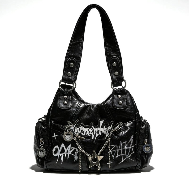 Punk style motorcycle bag women chain dark graffiti sweet and cool tote bag niche Y2K shoulder armpit and crossbody bag