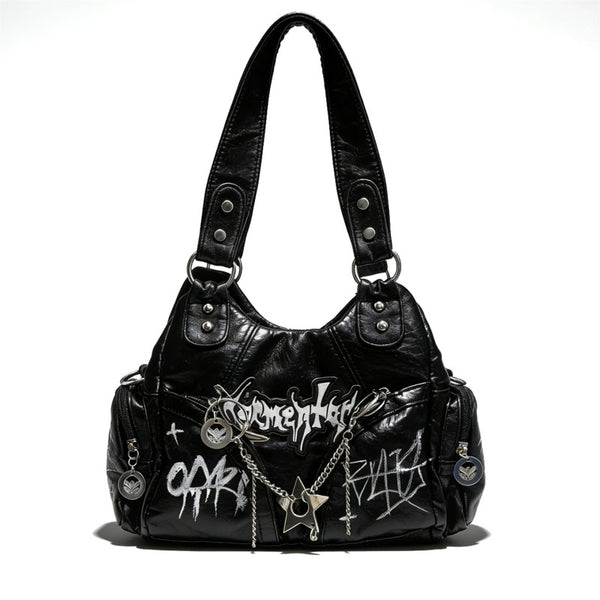 Punk style motorcycle bag women chain dark graffiti sweet and cool tote bag niche Y2K shoulder armpit and crossbody bag