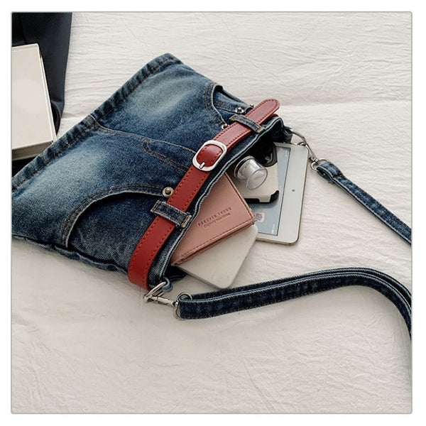 retro denim single-shoulder crossbody bag women's belt decoration creative bag denim skirt bag