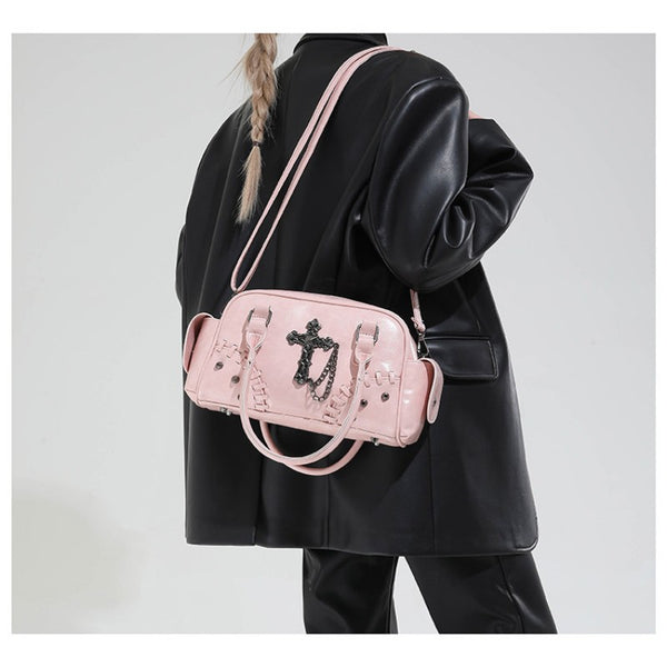 Gothic style cross Boston bag single shoulder斜挎 handbag rivet pillow bag bowling bag
