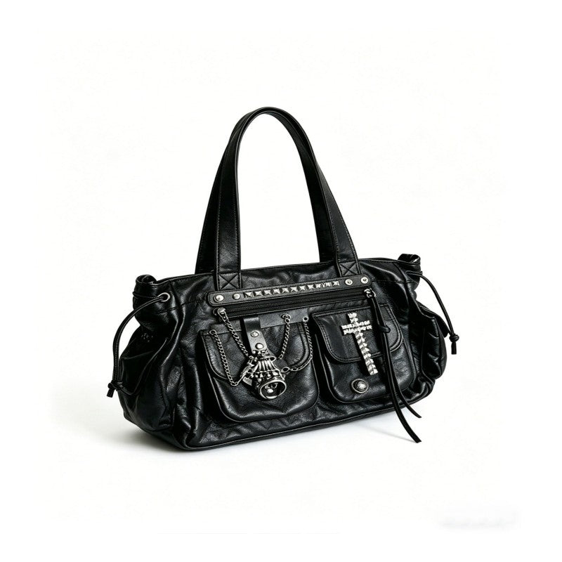 Cross-tote bag with black rivets, motorcycle bag, goth chic street commuter single shoulder double shoulder bag Main image