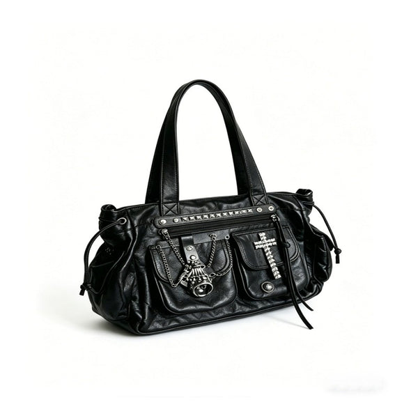 Cross-tote bag with black rivets, motorcycle bag, goth chic street commuter single shoulder double shoulder bag
