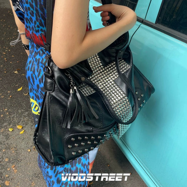 Motorcycle bag, rivet cross tote bag, street punk style Y2K crossbody commuting large capacity shoulder bag
