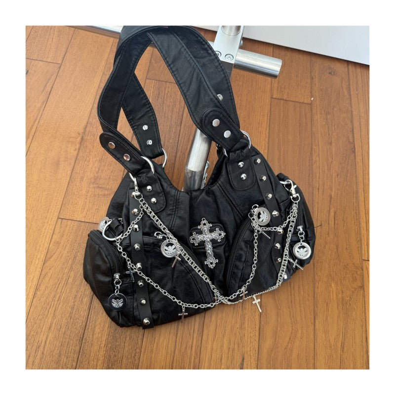 Punk-style chain bag for women, black cross motorcycle bag, niche design versatile tote bag