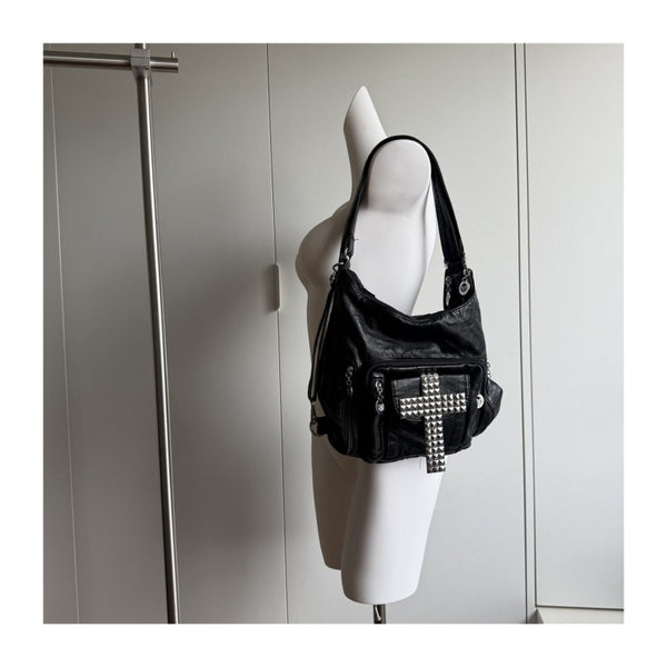 Cross tote bag, black rivet motorcycle bag, spicy girl street commuting single shoulder backpack