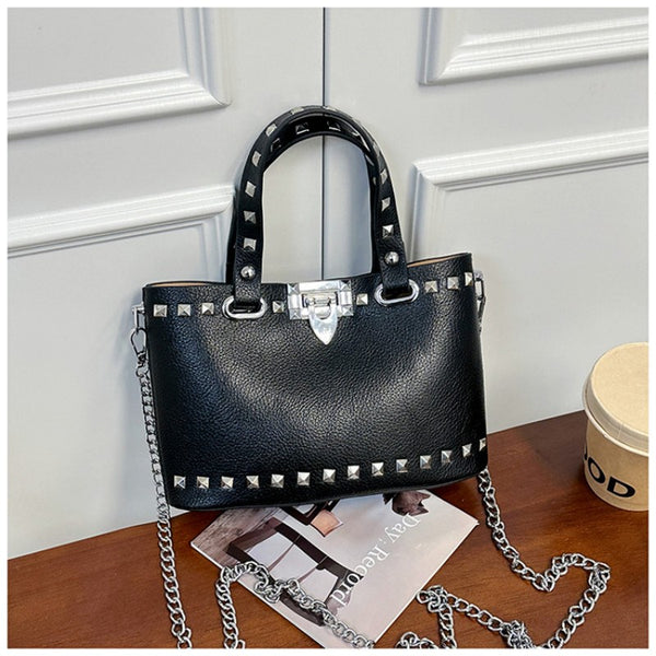 rivet-decorated handbag with female lock clasp chain crossbody bag commuting bag tote bag single-shoulder women's bag