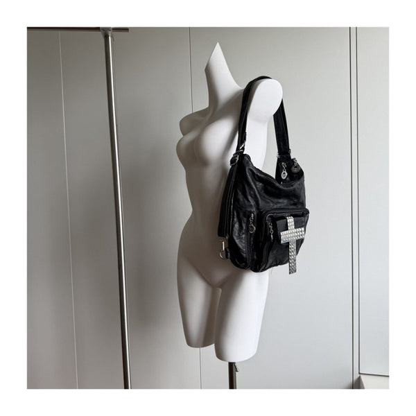 Cross tote bag, black rivet motorcycle bag, spicy girl street commuting single shoulder backpack