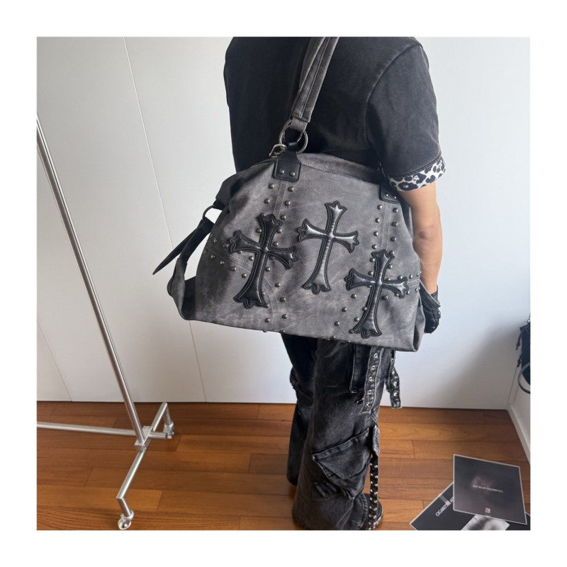Women's large capacity tote bag with cross studs subculture shoulder bag for school and commuting crossbody bag