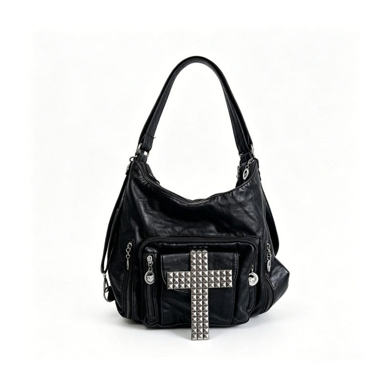 Cross tote bag, black rivet motorcycle bag, spicy girl street commuting single shoulder backpack