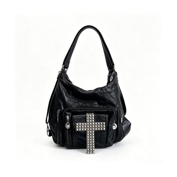 Cross tote bag, black rivet motorcycle bag, spicy girl street commuting single shoulder backpack