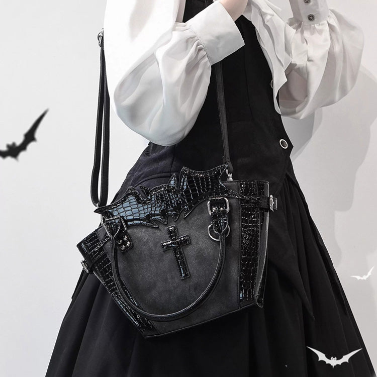 Black Night Cross Bat Step Shape Gothic Japanese Handbag
