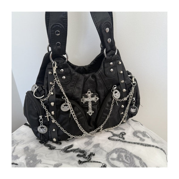 Punk-style chain bag for women, black cross motorcycle bag, niche design versatile tote bag