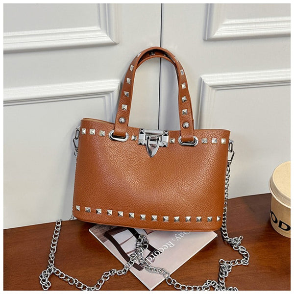 rivet-decorated handbag with female lock clasp chain crossbody bag commuting bag tote bag single-shoulder women's bag