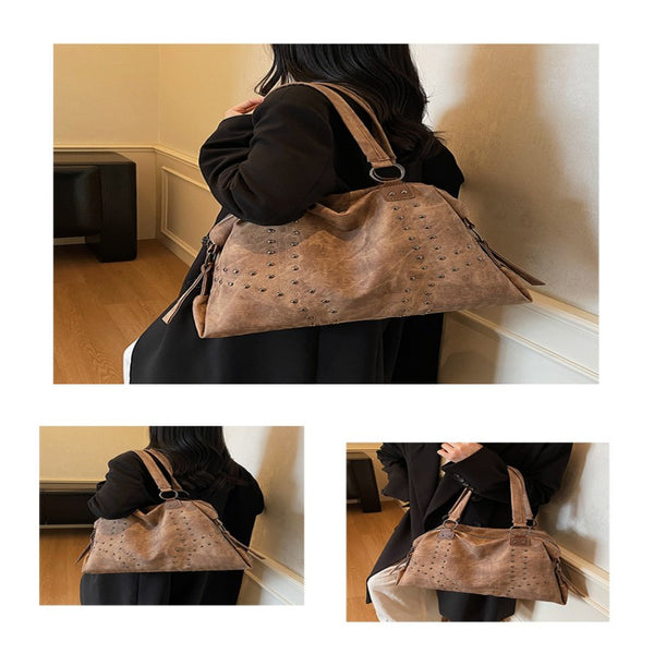 Vintage Punk Style Rivet Single-Shoulder Bag for Women Fashionable Commuter Bag Single-Shoulder Bag