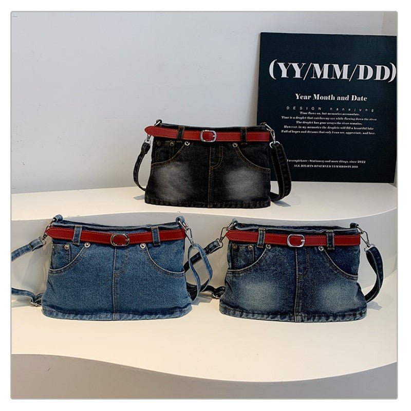 retro denim single-shoulder crossbody bag women's belt decoration creative bag denim skirt bag