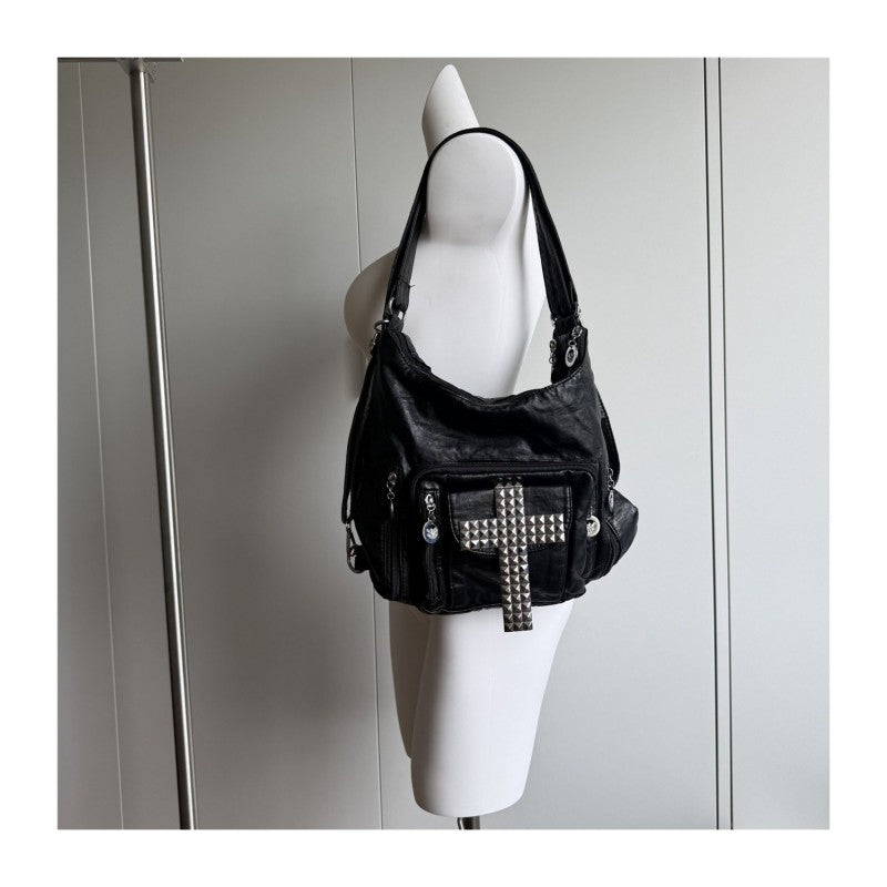 Cross tote bag, black rivet motorcycle bag, spicy girl street commuting single shoulder backpack
