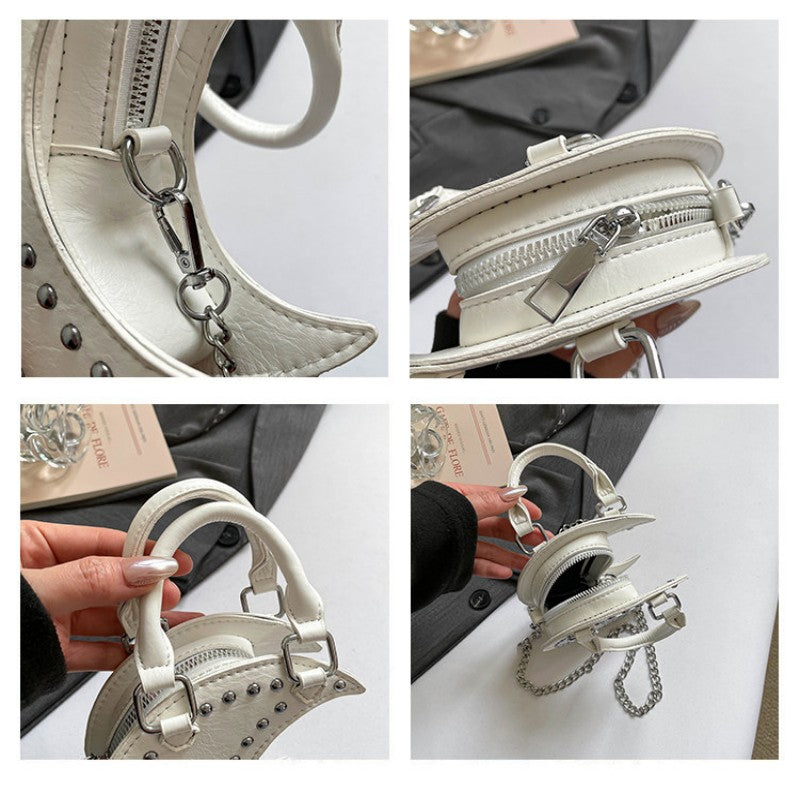 European and American punk style studded moon bag for women, niche design, fashionable chain single-shoulder cute saddle bag
