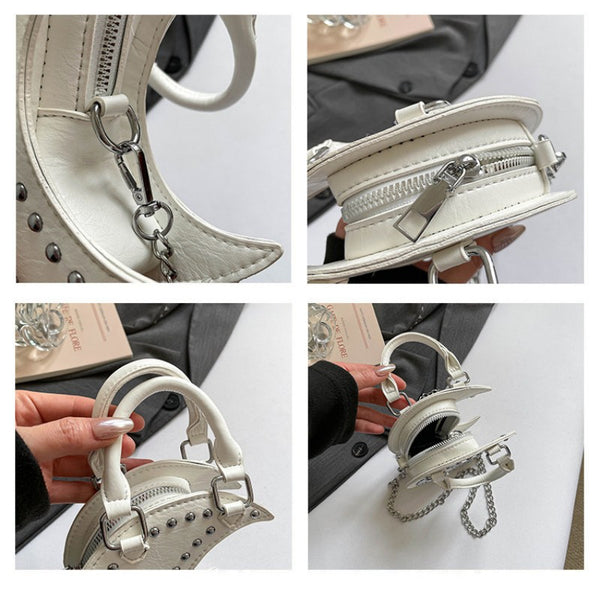 European and American punk style studded moon bag for women, niche design, fashionable chain single-shoulder cute saddle bag