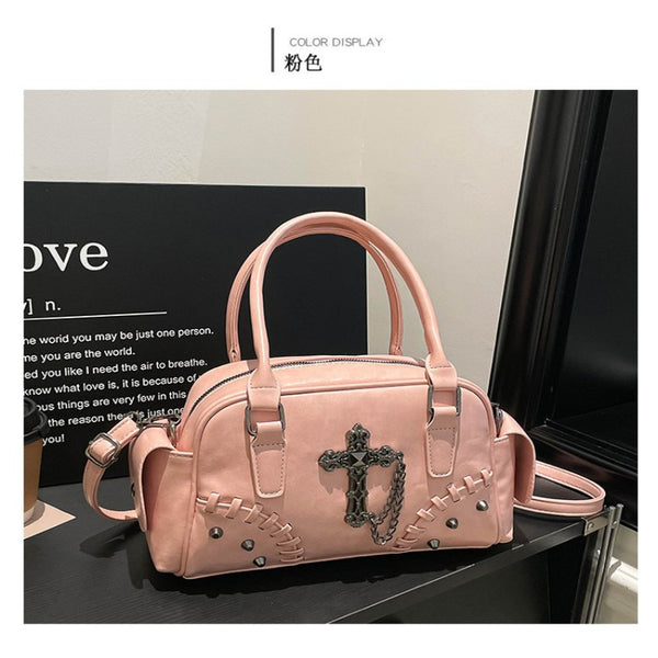 Gothic style cross Boston bag single shoulder斜挎 handbag rivet pillow bag bowling bag
