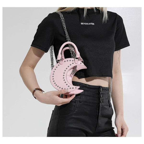 European and American punk style studded moon bag for women, niche design, fashionable chain single-shoulder cute saddle bag