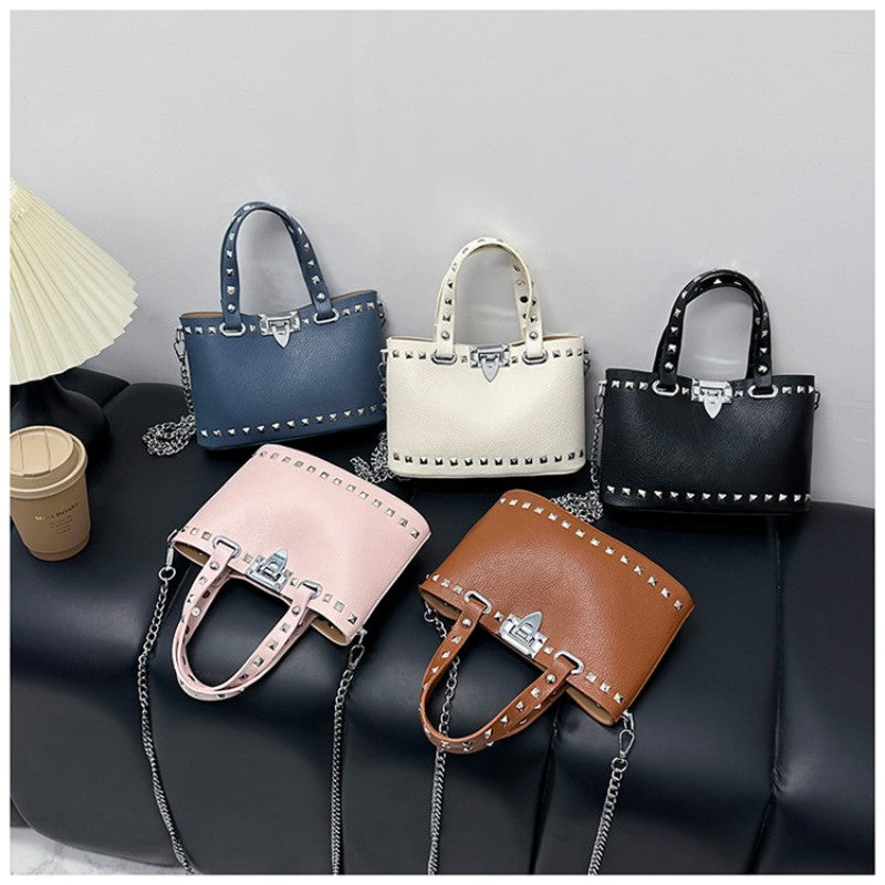 rivet-decorated handbag with female lock clasp chain crossbody bag commuting bag tote bag single-shoulder women's bag