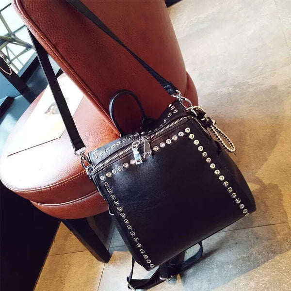 Chic Studded Convertible Backpack – Casual Travel Bag for Women, Shoulder or Backpack, Perfect for Any Trip