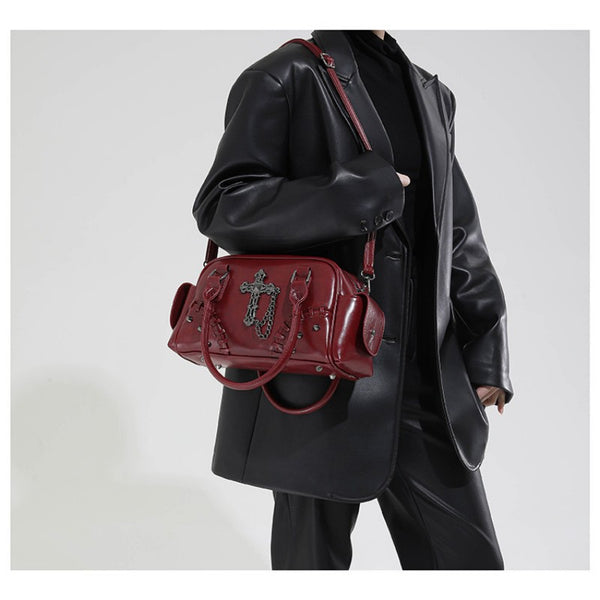 Gothic style cross Boston bag single shoulder斜挎 handbag rivet pillow bag bowling bag
