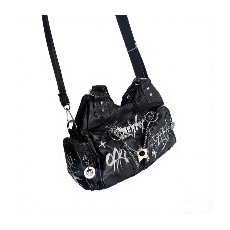 Punk style motorcycle bag women chain dark graffiti sweet and cool tote bag niche Y2K shoulder armpit and crossbody bag