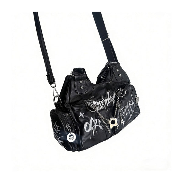 Punk style motorcycle bag women chain dark graffiti sweet and cool tote bag niche Y2K shoulder armpit and crossbody bag