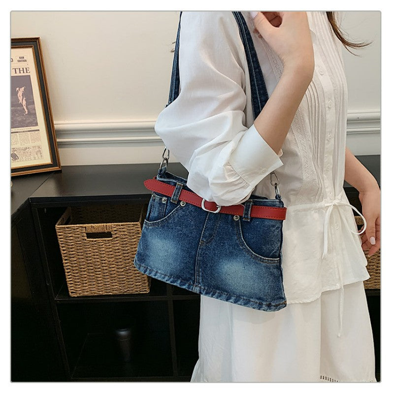 retro denim single-shoulder crossbody bag women's belt decoration creative bag denim skirt bag