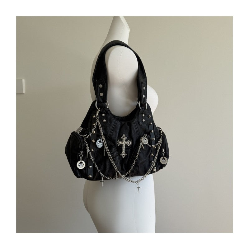 Crossbody tote bag black riveted motorcycle bag for women streetwear commuting single shoulder and double shoulder bag