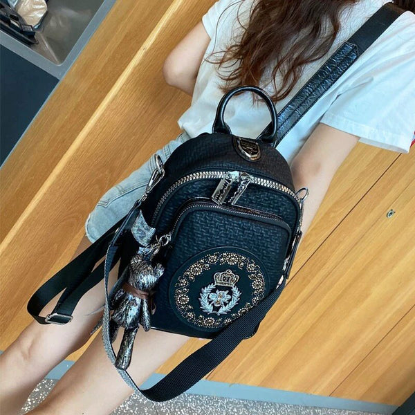 Korean-Style Crystal-Studded Women's Backpack – Premium Cowhide Leather Travel Bag, Large Capacity Versatile Casual Daypack