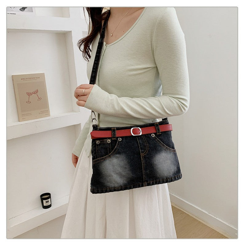 retro denim single-shoulder crossbody bag women's belt decoration creative bag denim skirt bag