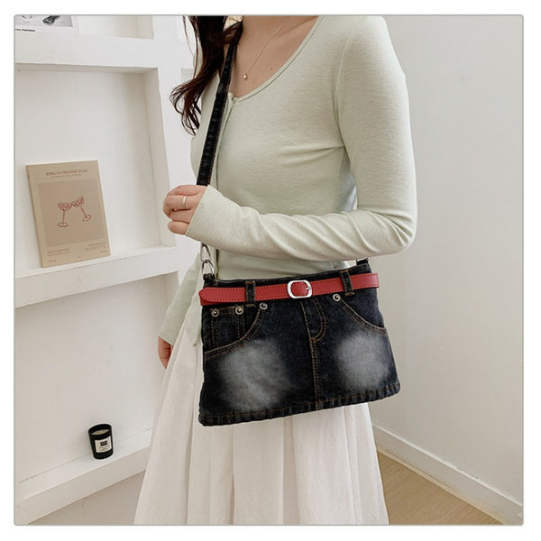 retro denim single-shoulder crossbody bag women's belt decoration creative bag denim skirt bag