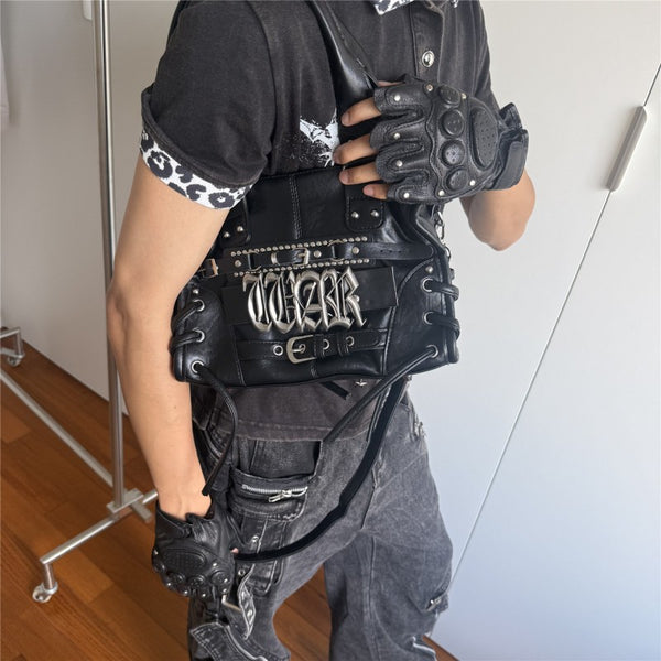 Gothic letter underarm bag for women rivet motorcycle style Y2K niche single shoulder crossbody punk Abby handbag for flirty girls